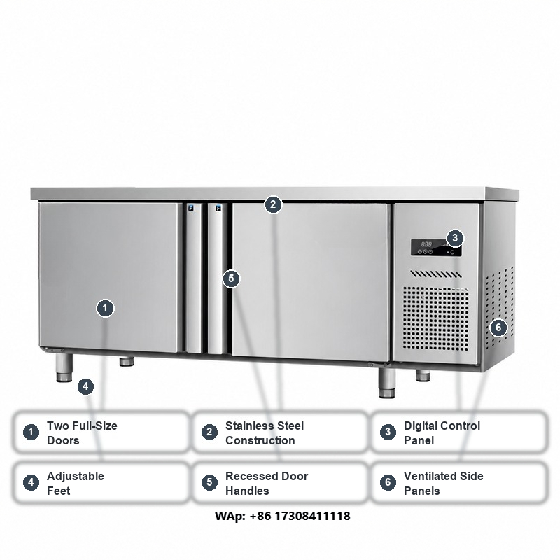 Commercial Kitchen Worktops - ステンレス製作業台付き冷蔵庫、2ドア、カウンター下設置型、業務用厨房向け、省エネ設計。