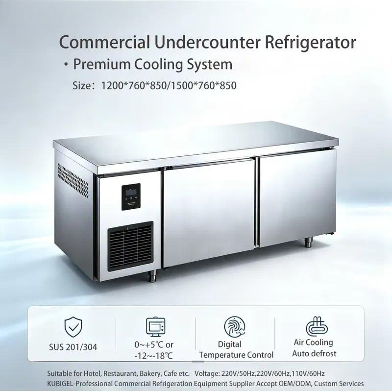 Commercial Kitchen Worktops - 業務用キッチンカウンター用、ステンレス製冷蔵冷凍庫、カウンター下設置型、レストランやバー向けの冷蔵・冷凍機能付き。